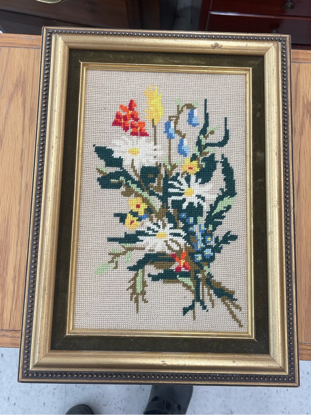 Vintage Framed Floral Needlepoint Wall Art in Gold Frame